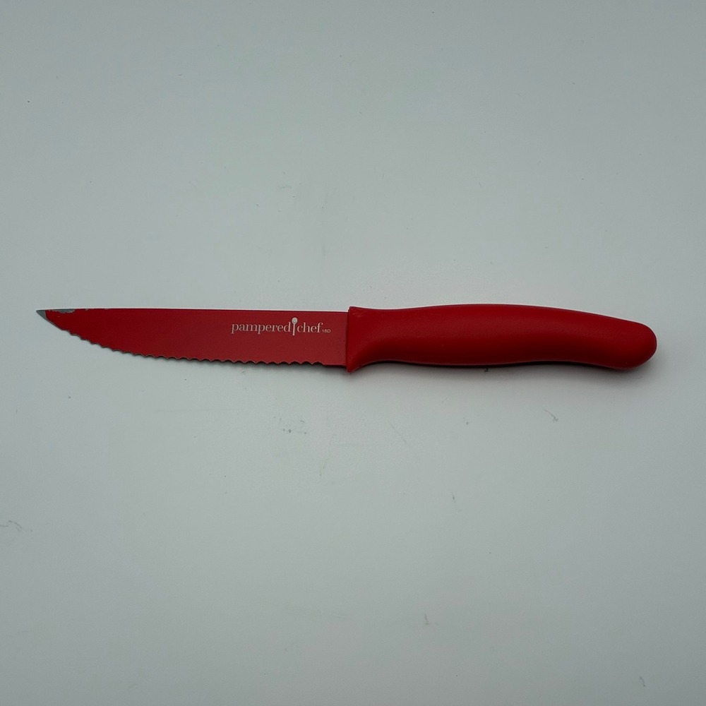 Pampered Chef Tomato Knife 4.5" Red Coated Serrated Blade 18D